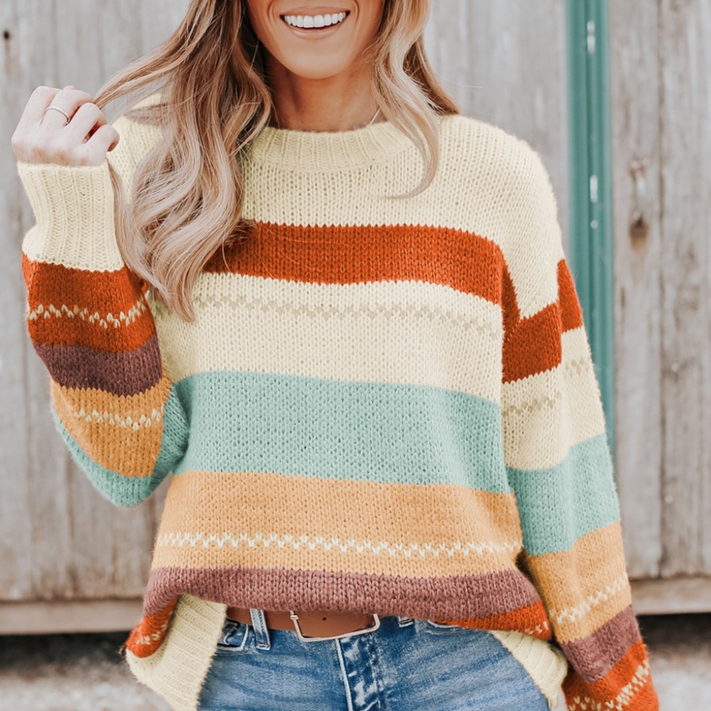 B046 Crew Neck Drop-Shoulder Striped Color Block Sweater